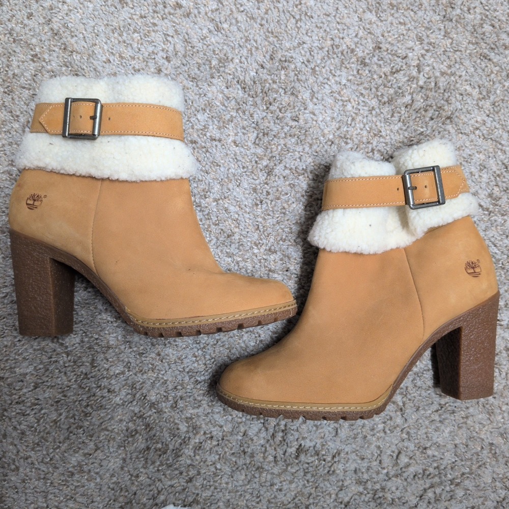 Women's Timberland Glancy Teddy Fold Down boots W/ Fleece Fur High Heel S US 9